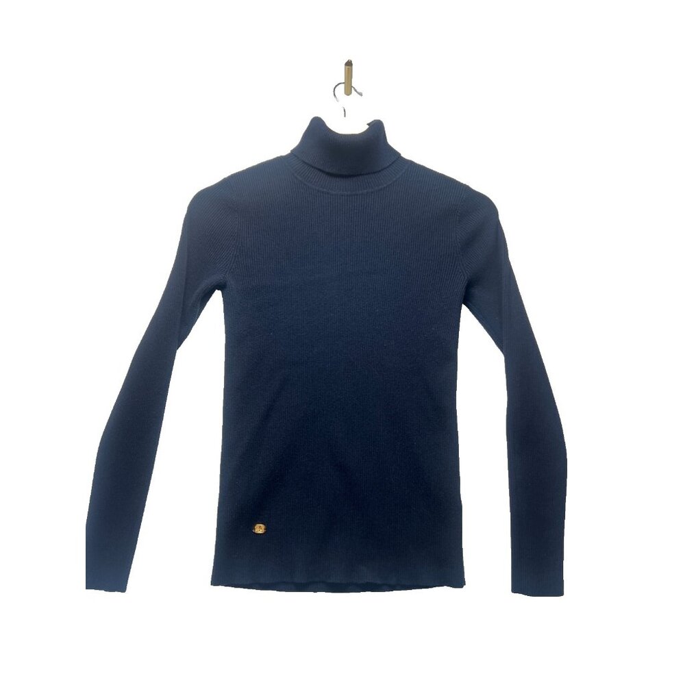 Lauren Ralph Lauren Women Navy Blue Ribbed Knit Solid Turtleneck Sweater Size M